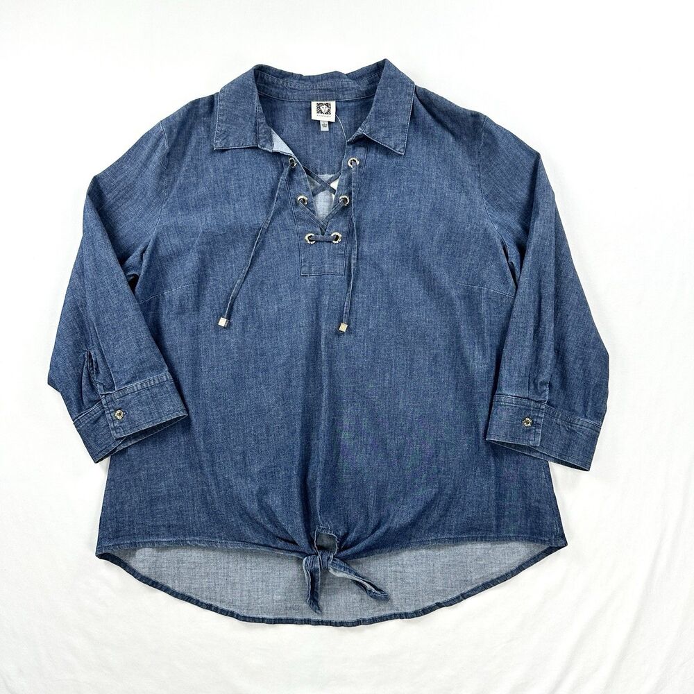 Anne Klein Lace Up Denim Top Womens Large Blue Chambray Tied  3/4 Sleeve Peasant
